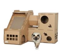 Shein PawHut Casa para Gatos de Cartón, Forma Castillo, Rascador para Gatos de 2 Niveles con 3 Zonas de Rascado, Túnel, Rampa, Incluye Hierba, para Interior