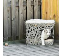 Shein PawHut Cesta de Ratán para Gatos de 2 Pisos Cueva Cama de Gato Tipo Caseta con 2 Cojines Suaves Estructura de Metal 51x42x37 cm Gris y Beige