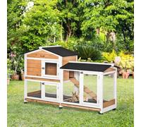 Shein PawHut Conejera de Madera 157,4x53x99,5 cm Jaula para Conejos Grande con Ruedas Techo Asfáltico Bandeja Extraíble y Rampa para Exterior Natural