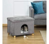 Shein PawHut Cueva para Gatos 2 en 1 Taburete Reposapiés con Tapa Extraíble Orificio de Entrada Cojín Lavable y Patas Elevadas de Madera para Interior 60x45