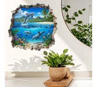 Shein Pegatina de pared 3D de delfín, vista de pared rota de vida marina submarina, calcomanía de vinilo extraíble para baño, sala de estar y decoración del