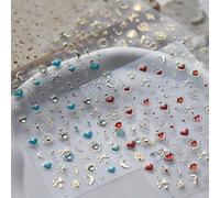 Shein Pegatinas de uñas de alta calidad con diamantes 5D en forma de corazón, con acabado metálico dorado, en estilo bohemio con estrellas, lunas y soles, p