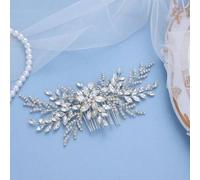 Shein Peine de pelo de cristal transparente de hoja de plata de lujo, tocado nupcial hecho a mano, accesorio de boda con brillantes de rhinestone, adecuado