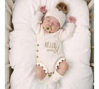 Shein Pelele bordado "Hola Mundo" de punto con gorro de pompón para recién nacido, props de fotografía para bebé, conjunto de llegada a casa en beige, regal