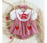 Shein Pelele con estampado de fresa y cuello Peter Pan a cuadros rojos y blancos con diadema, para bebé niña recién nacida, para verano