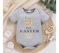 Shein Pelele de manga corta suave con estampado de monograma "Mi primera Pascua" para bebé niño