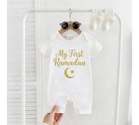 Shein Pelele de manga corta suave y cómodo de punto blanco con gráfico de primera carta del Ramadán y luna para recién nacidos, adecuado para primavera/vera