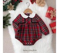 Shein Pelele de manga larga con cuello Peter Pan, contraste de color, cinta de terciopelo, parche de tartán rojo de Navidad para bebé niña