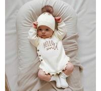Shein Pelele de punto bordado "Hola mundo" con gorro a juego con pompón para recién nacido, body de anuncio de bebé, accesorios de fotografía para bebé, con