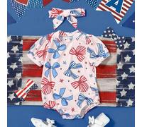 Shein Pelele de verano para bebé niña con estampados de elementos patrióticos, color rosa, que incluye diadema a juego, esencial para uso diario y activi