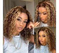 Shein Peluca Bye Bye Knots 7x5 con cierre de encaje, peluca de cabello humano con ondas de agua cortas tipo bob, color rubio miel con reflejos, pre decolora