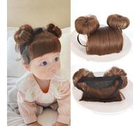 Shein Peluca con diadema de pelo sintético para bebés y niños con flequillo y moño, accesorios para el cabello de princesa recién nacido, color marrón dorad