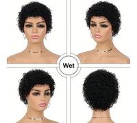 Shein Peluca corta con corte pixie y rizos crespos hecha de cabello humano brasileño para mujeres, peluca corta negra afro con rizos crespos y rulos de cabe