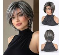 Shein Peluca corta con flequillo de 8 pulgadas con reflejos grises, peluca de cabello liso corto rubio para mujeres, peluca bob elegante con flequillo y ref