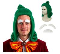 Shein Peluca corta ondulada de hombre de color verde vibrante con cejas blancas, peluca de Oompa Loompa para adultos para disfraz de Halloween y atuendo de