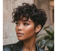 Shein Peluca corta rizada de pixie con flequillo para mujer - Cabello humano remy peruano, peluca rizada de onda completa sin pegamento hecha a máquina, ade
