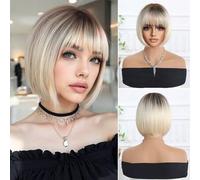 Shein Peluca corta y recta de bob con flequillo, de 10 pulgadas, en tono rubio platino degradado. Elegante y de moda, adecuada para vacaciones, reuniones y