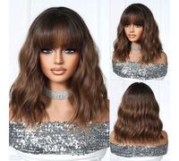 Shein Peluca de 14 pulgadas de alta calidad con efecto ombré natural, estilo bob ondulado con flequillo, hecha de fibra sintética resistente al calor, adecu