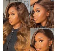 Shein Peluca de cabello humano con ondas corporales, raíces marrones y reflejos rubios ombre de 20 pulgadas - Peluca sin pegamento con tapa con cordón, enca