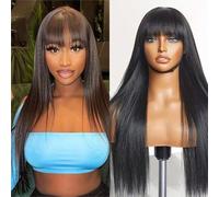 Shein Peluca de cabello humano sin pegamento, densidad del 180 %, con flequillo, sin encaje frontal, recta, sin pegamento, cabello virgen brasileño para muj