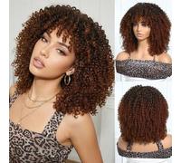 Shein Peluca de cabello rizado afro con flequillo, mezcla de marrón y rubio, peluca rizada de hombro para mujeres, peluca sintética de rizo rizado para uso