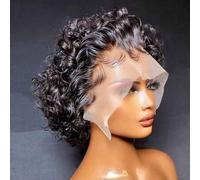 Shein Peluca de encaje con división en T de corte Pixie de onda corta y rizada 12X0.5 Peluca de cabello humano real 1B Color negro natural Peluca de reempla