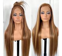 Shein Peluca de encaje frontal de 13"X4" con ombre rubio miel, peluca de encaje frontal sintética recta de rubio natural de 28 pulgadas, con cabello yaki pr