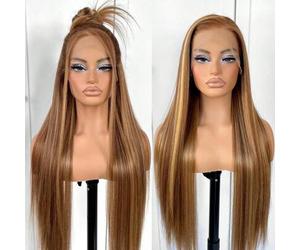 Shein Peluca de encaje frontal de 13"X4" con ombre rubio miel, peluca de encaje frontal sintética recta de rubio natural de 28 pulgadas, con cabello yaki pr