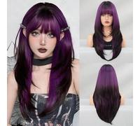 Shein Peluca de fibra sintética de 24 pulgadas de largo con degradado de negro a morado, con capas y flequillo, de aspecto natural, para mujeres, para uso e