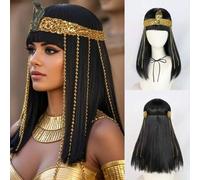 Shein Peluca de mujer de estilo egipcio, negra, de longitud media y recta, con accesorios en forma de cabeza de serpiente para disfraz de reina, 18 pulgadas