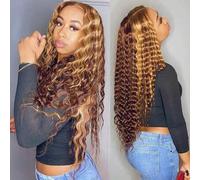 Shein Peluca frontal de encaje transparente con iluminación, cabello humano sin pegamento con una densidad del 180%, línea de implantación impecable, ondas