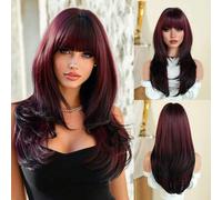 Shein Peluca larga de 24 pulgadas con capas y degradado de vino tinto con flequillo para mujeres, con raíces oscuras, fibra sintética resistente al calor su