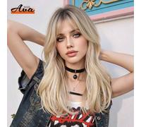 Shein Peluca larga recta de 20 pulgadas con flequillo, color rubio ombre, peluca sintética de aspecto natural para mujeres con raíces oscuras, adecuada para