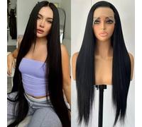 Shein Peluca larga recta de 28 pulgadas de fibra resistente al calor con frente de encaje de 13x4, color negro marrón natural, con línea del cabello previam