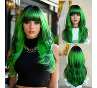 Shein Peluca larga y ondulada de 24 pulgadas con degradado verde y negro, con flequillo, para mujeres. Fibra sintética resistente al calor con raíces oscura