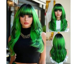 Shein Peluca larga y ondulada de 24 pulgadas con degradado verde y negro, con flequillo, para mujeres. Fibra sintética resistente al calor con raíces oscura