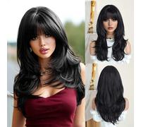 Shein Peluca larga y recta de 24 pulgadas de color negro con flequillo para mujeres, fibra sintética suave y resistente al calor, peluca de cabello en capas