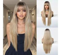 Shein Peluca larga y recta de moda en color negro y marrón, estilo Pure Deseo, con flequillo de aire, 30 pulgadas de largo, cabello negro y castaño liso, 26