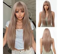 Shein Peluca larga y recta de moda en color negro y marrón, estilo Pure Deseo, con flequillo de aire, 30 pulgadas de largo, cabello negro y castaño liso, 26