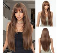 Shein Peluca larga y recta de moda en color negro y marrón, estilo Pure Deseo, con flequillo de aire, 30 pulgadas de largo, cabello negro y castaño liso, 26