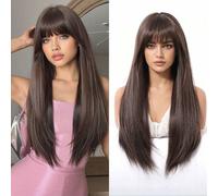 Shein Peluca larga y recta de moda en color negro y marrón, estilo Pure Deseo, con flequillo de aire, 30 pulgadas de largo, cabello negro y castaño liso, 26