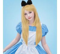 Shein Peluca larga y recta rubia con lazo negro: un imprescindible para el cosplay de Alicia, perfecta para añadir un toque de magia a tu atuendo