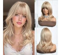 Shein Peluca larga y rizada de 18 pulgadas de color marrón elegante con reflejos y flequillo - raíces oscuras hasta los extremos claros, peluca sintética, a