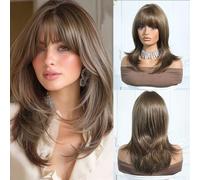 Shein Peluca larga y rizada de 18 pulgadas de color marrón elegante con reflejos y flequillo - raíces oscuras hasta las puntas claras, peluca sintética, ade