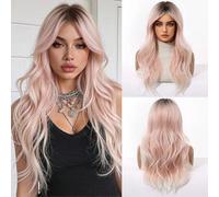 Shein Peluca larga y rizada de 24 pulgadas con flequillo, parte media y efecto ombré rosa, peluca sintética de mujer con cuero cabelludo natural y aspecto v