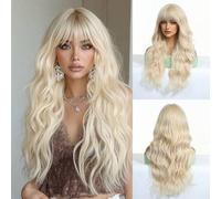Shein Peluca larga y rizada de 26 pulgadas en color dorado claro con flequillo, de material de fibra sintética suave, peluca de mujer de moda, adecuada para