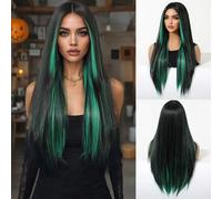 Shein Peluca negra larga y recta para mujer con reflejos ombré verdes para fiestas de Halloween y Navidad, fibras sintéticas largas, simulación cabelludo, g