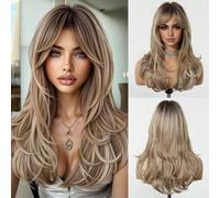 Shein Peluca ondulada de 24 pulgadas de largo con flequillo, raíces oscuras y cabello marrón para mujeres, peluca ombré marrón con rubio, peluca sintética r