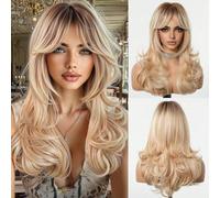 Shein Peluca ondulada de 24 pulgadas de largo con flequillo, raíces oscuras y color castaño con efecto ombre rubio para mujeres. Peluca sintética resistente