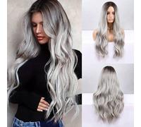 Shein Peluca ondulada larga de color ombré negro y gris para mujeres, de 30 pulgadas, con raya al medio, de aspecto natural, de fibra sintética resistente a